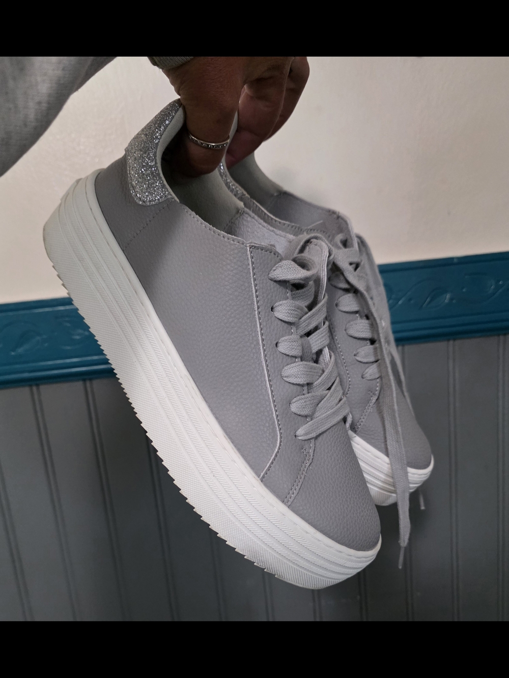 Joy Mangano Light Gray Platform Lace-Up Sneakers with Silver Glitter Heel
